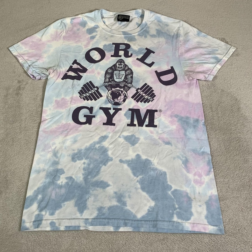 World Gym Shirt Mens Small Multicolor Tie Dye Gorilla Logo Graphic Tee Fitness